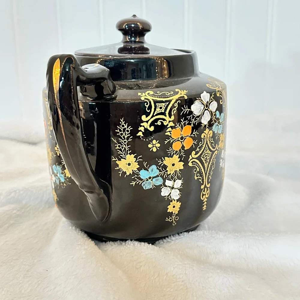 Vintage Hague Teapot Dark Hand Painted Floral Made in England Cottagecore Glazed